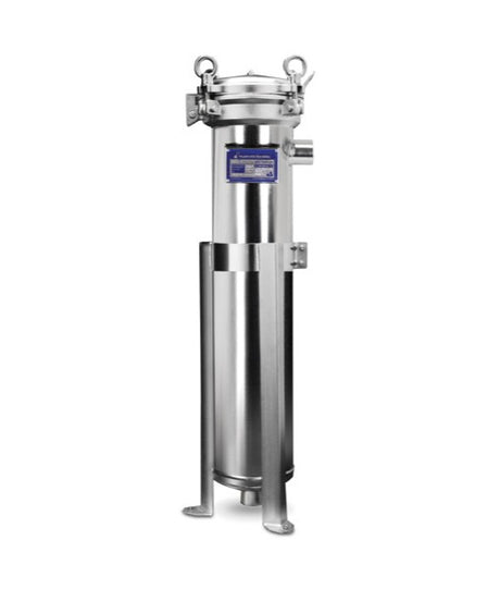 The HydroScientific Stainless Steel Bag Filter Housing with Legs (Swing Bolt) by Premiere Sales features a heavy-duty cylindrical body made of stainless steel, mounted on a stand. It is equipped with inlet and outlet pipes, secured at the top with swing bolt clamps, and includes two lifting rings for easy handling.