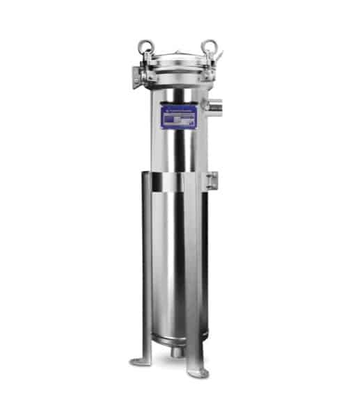 The HydroScientific Stainless Steel Bag Filter Housing with Legs (Swing Bolt) by Premiere Sales is an industrial filtration system featuring a 304 stainless steel cylindrical body, inlet/outlet pipes, a swing-bolt lid, and two support legs. This round single bag filter housing ensures an optimal performance with a 90 GPM flow rate.