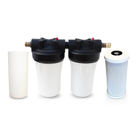 The High Flow 2-Stage RV Water Filter System for Particles & Chemicals by Premiere Sales features white housing canisters with a top black connecting section and is designed specifically as an RV water filter. It includes two separate filter cartridges beside the unit to effectively remove contaminants.