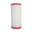 The 10" x 4.5" Pleated Submicron Water Filter Cartridge by Premiere Sales, featuring red plastic caps on both ends and a white pleated paper core, showcases an innovative pleated design that effectively removes bacteria, viruses, and fine particulates.