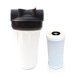 The 10GPM Whole House Carbon Water Filter with Scale Inhibitor by Premiere Sales features a black top and white body housing next to a cylindrical white filter cartridge with a mesh pattern, ensuring a flow rate of 10 gallons per minute.