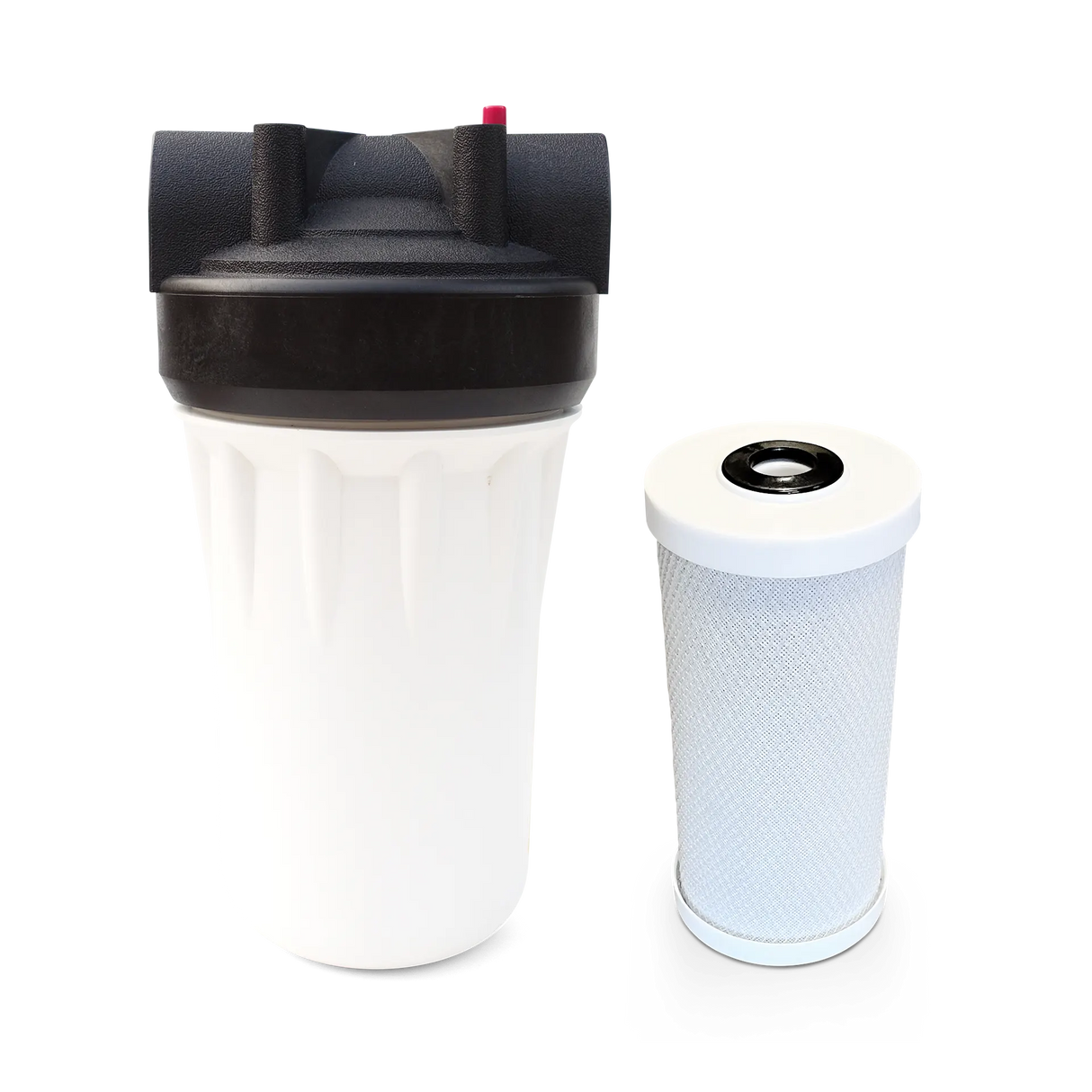 The 10GPM Whole House Carbon Water Filter with Scale Inhibitor by Premiere Sales features a black top and white body housing next to a cylindrical white filter cartridge with a mesh pattern, ensuring a flow rate of 10 gallons per minute.