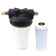 Description: Image of the High Flow RV Water Filter System (10GPM) by Premiere Sales, featuring a compact design with a black top and white cylindrical body, displayed alongside an individual replacement filter. Ideal for RVs, this system offers efficient chlorine removal to ensure clean and safe drinking water.