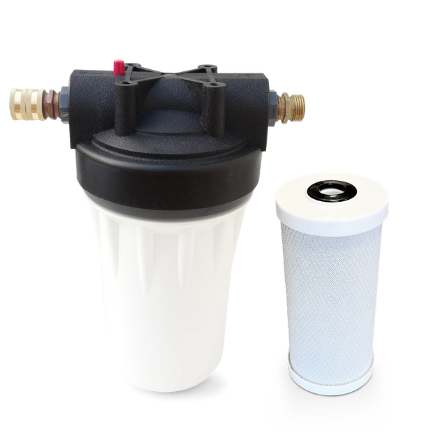 Description: Image of the High Flow RV Water Filter System (10GPM) by Premiere Sales, featuring a compact design with a black top and white cylindrical body, displayed alongside an individual replacement filter. Ideal for RVs, this system offers efficient chlorine removal to ensure clean and safe drinking water.