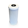 A Premiere Sales 10" x 4.5" 5 Micron Coconut Shell Carbon Block Filter with Scale Inhibitor, featuring a white plastic top and bottom and a textured gray surface designed to reduce chlorine.