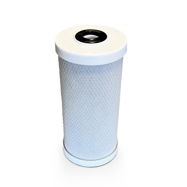 A Premiere Sales 10" x 4.5" 5 Micron Coconut Shell Carbon Block Filter with Scale Inhibitor, featuring a white plastic top and bottom and a textured gray surface designed to reduce chlorine.