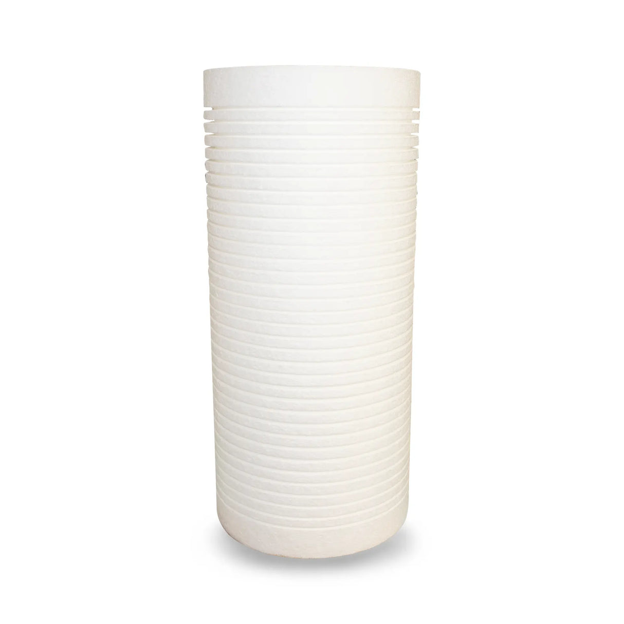 The 4.5" x 10" 5 Micron Sediment Filter with Corrosion and Scale Inhibitor by Premiere Sales is a white cylindrical cartridge featuring horizontal grooves throughout its surface, engineered for efficient sediment removal.