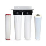Image of the Premiere Sales Two Stage Whole House Bacteria Water Filtration System, showcasing two white filter housings and two distinct filter cartridges, one pleated and one cylindrical, set against a white background. This advanced system ensures that your home's water is clean and safe for everyday use.