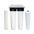 The Two Stage Whole House Water Filter System for Lead, Chlorine, Sediment by Premiere Sales includes two white cylindrical filters in holders, along with distinct pleated and carbon block cartridges, all engineered for high dirt-holding capacity and efficient lead reduction.