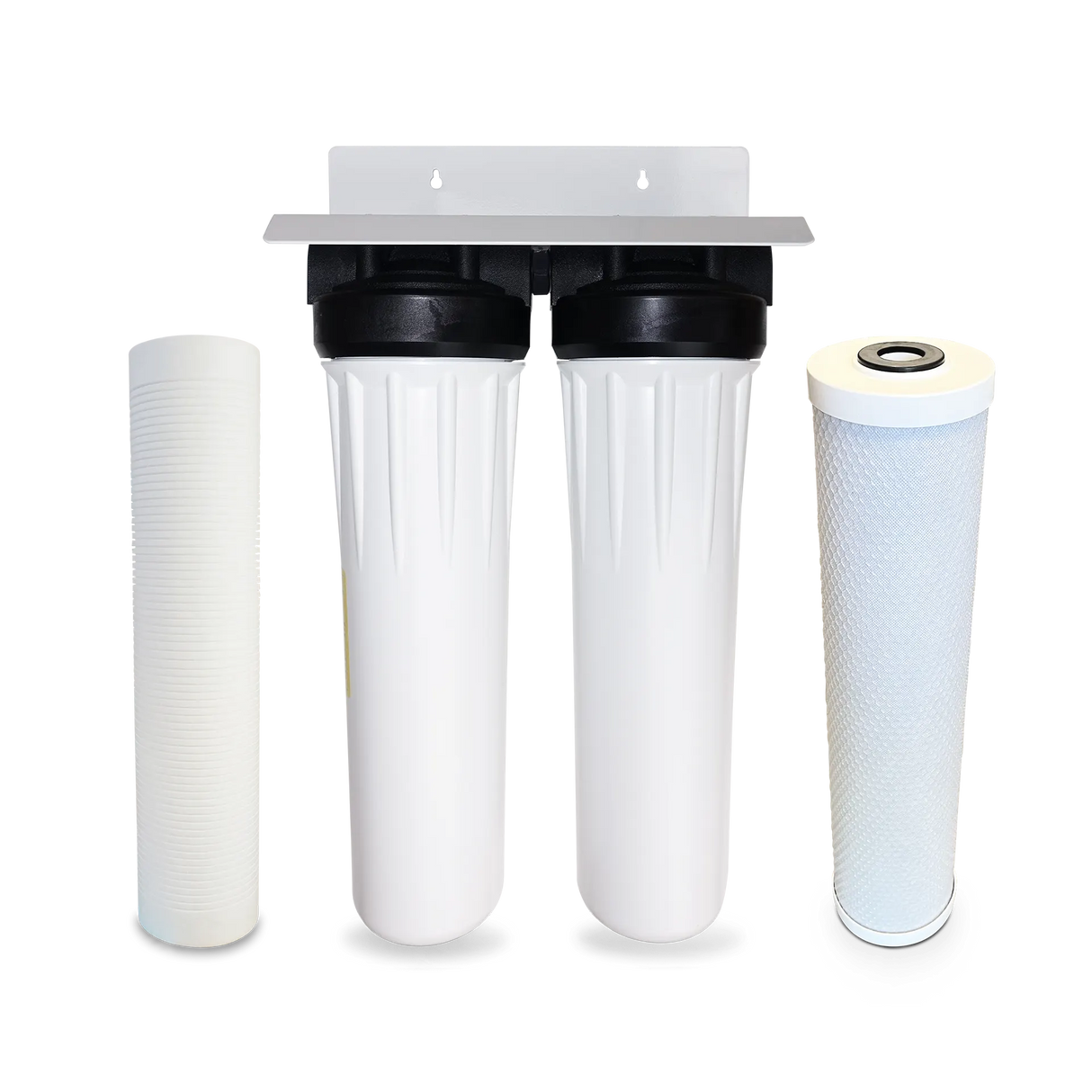 The Two Stage Whole House Water Filter System for Lead, Chlorine, Sediment by Premiere Sales includes two white cylindrical filters in holders, along with distinct pleated and carbon block cartridges, all engineered for high dirt-holding capacity and efficient lead reduction.