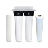 The Premiere Sales Two Stage Whole House Water Filter for Sediment & Chlorine with Scale Inhibitor includes two white filter housings mounted on a bracket for effective chlorine reduction, and features separate cartridges equipped with a scale inhibitor on each side to ensure optimal water quality throughout your home.