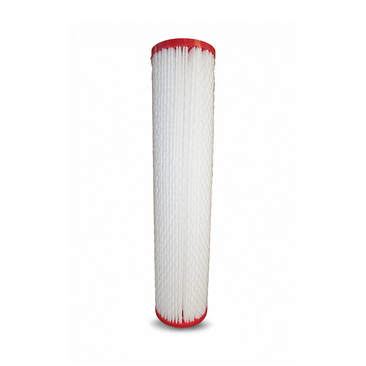 Introducing the Premiere Sales 20" x 4.5" Pleated Submicron Water Filter Cartridge, designed with a red top and bottom and featuring a pleated white filter element enclosed in mesh, specifically engineered to capture bacteria, viruses, and fine particulates.