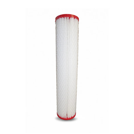 Introducing the Premiere Sales 20" x 4.5" Pleated Submicron Water Filter Cartridge, designed with a red top and bottom and featuring a pleated white filter element enclosed in mesh, specifically engineered to capture bacteria, viruses, and fine particulates.