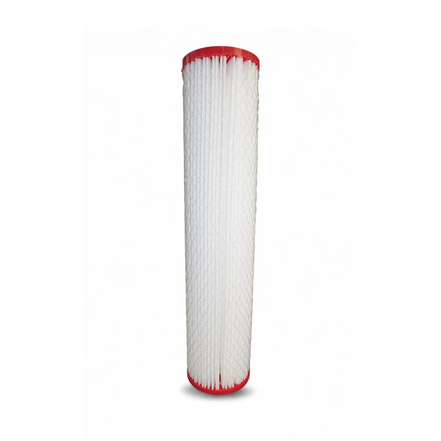 Introducing the Premiere Sales 20" x 4.5" Pleated Submicron Water Filter Cartridge, designed with a red top and bottom and featuring a pleated white filter element enclosed in mesh, specifically engineered to capture bacteria, viruses, and fine particulates.