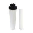 The Boiler Water Treatment Filter System with Sediment Anti-Scale Filter Cartridge (40 GPM) by Premiere Sales, featuring a white filter housing with a black cap, is placed next to its accompanying anti-scale cartridge specifically designed for boilers.