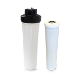 Premiere Sales' Whole House Water Filter System with Activated Carbon and Scale Inhibitor (20 GPM) sits next to its cylindrical carbon filter cartridge against a plain background.