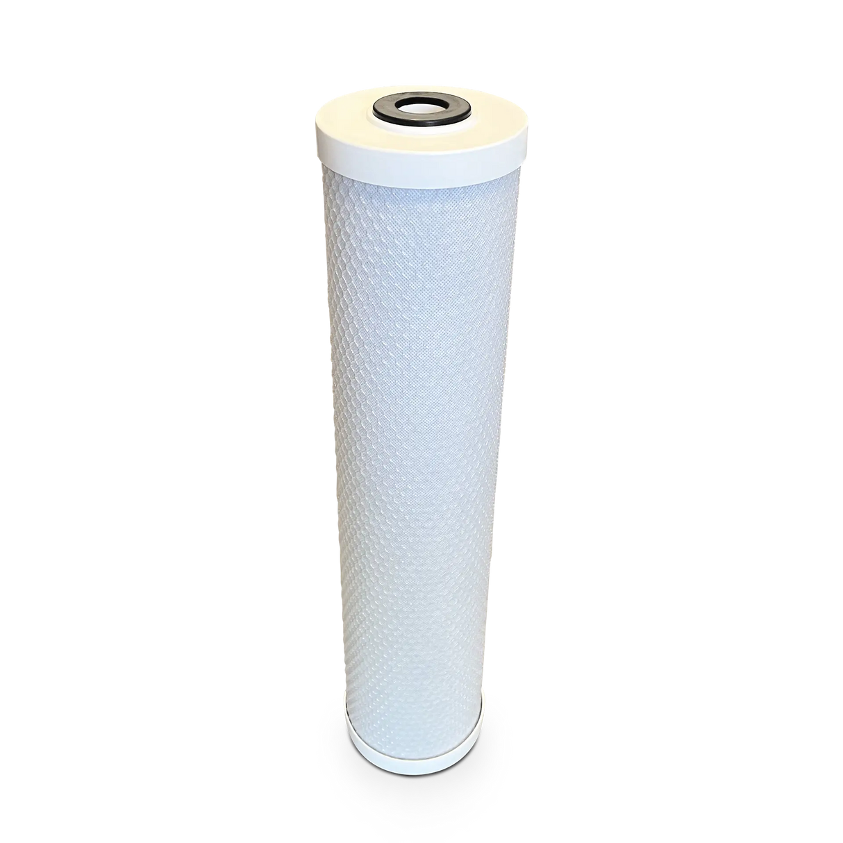 The 20" x 4.5" Activated Coconut Carbon Block Water Filter with Scale Inhibitor from Premiere Sales is a high flow filtration solution for whole house and commercial systems, featuring a white textured surface, designed for efficient chlorine removal, and includes a black O-ring on top.