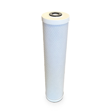 The 20" x 4.5" Activated Coconut Carbon Block Water Filter with Scale Inhibitor from Premiere Sales is a high flow filtration solution for whole house and commercial systems, featuring a white textured surface, designed for efficient chlorine removal, and includes a black O-ring on top.