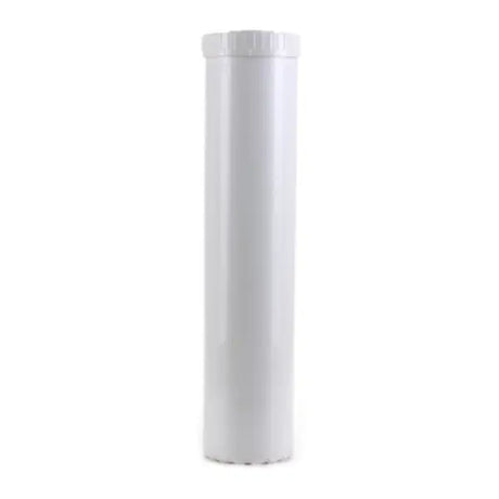 A tall, cylindrical white plastic container with a screw-on lid from Premiere Sales stands upright against a plain background. This 20" x 4.5" high-capacity granular activated carbon (GAC) filter cartridge features universal fit capabilities for easy integration.