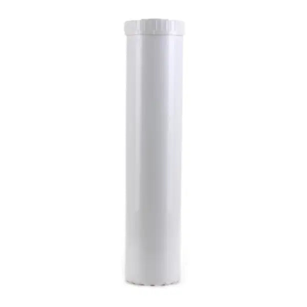 A tall, cylindrical white plastic container with a screw-on lid from Premiere Sales stands upright against a plain background. This 20" x 4.5" high-capacity granular activated carbon (GAC) filter cartridge features universal fit capabilities for easy integration.