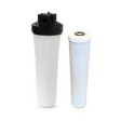 The Whole House Water Filter System by Premiere Sales features a black-lidded filter housing alongside a cylindrical white 0.5 Micron Catalytic Carbon Cartridge, renowned for its excellent adsorptive capacity and effective lead reduction.