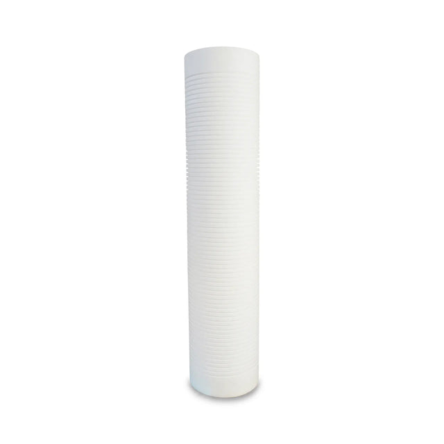 A Premiere Sales 4.5 x 20" 5 Micron Sediment Water Filter with Corrosion and Scale Inhibitor, featuring a white cylindrical design with horizontal ridges, stands upright against a plain white background.