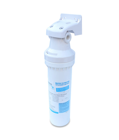 The Home Drinking Water Filtration System (Everpure H-300 Comparable) by Premiere Sales is a white device with a cylindrical filter casing and a top-mounted bracket, providing 0.5 micron filtration to effectively reduce chlorine and VOCs.