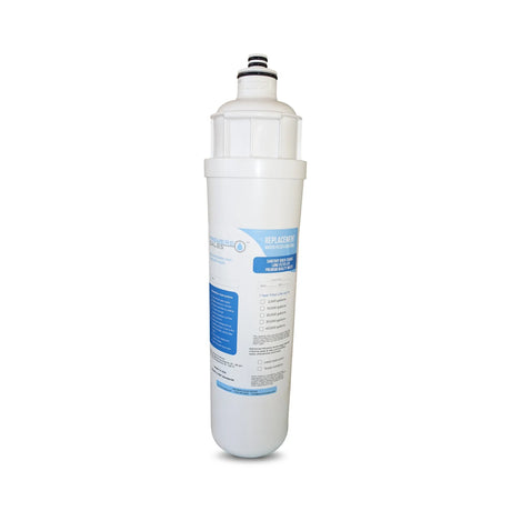 Image of a white cylindrical Replacement Water Filter Cartridge for Pentair Everpure i2000 from Premiere Sales, featuring a blue and white label detailing 0.5 micron filtration, replacement instructions, and specifications.