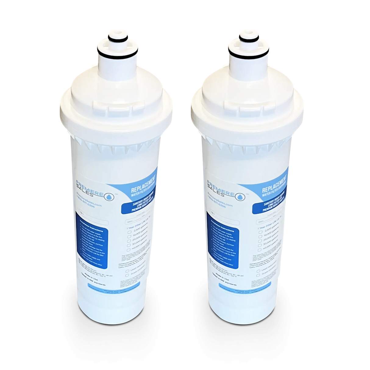 Two white cylindrical "Replacement Drinking Water Filters for Everpure H-1200 / Everpure THM 1 & 2" from Premiere Sales, each featuring a blue and white label, stand side by side on a white background, showcasing the advanced 1-micron filtration of the Everpure H-1200 series.