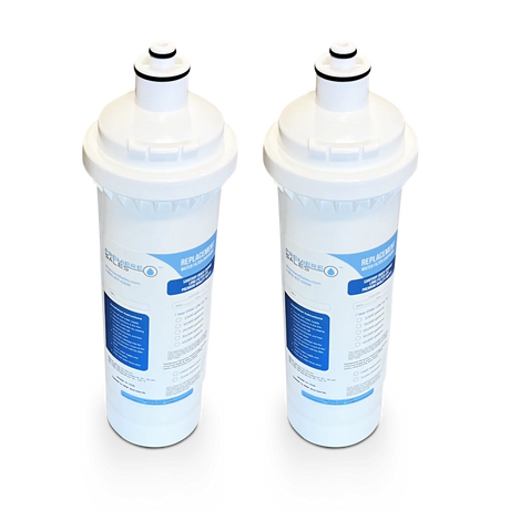 Two white cylindrical "Replacement Drinking Water Filters for Everpure H-1200 / Everpure THM 1 & 2" from Premiere Sales, each featuring a blue and white label, stand side by side on a white background, showcasing the advanced 1-micron filtration of the Everpure H-1200 series.