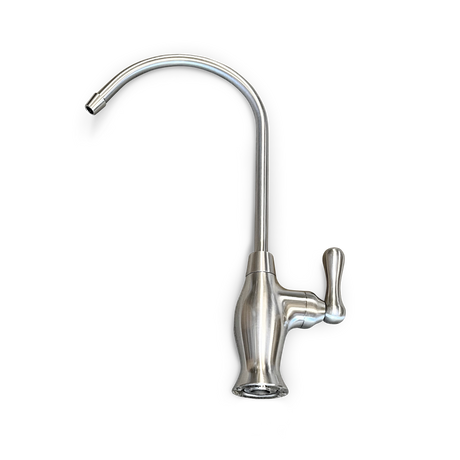 The Premiere Sales Alkaline Reverse Osmosis Water – HydroGuard HDGT-45 + Alkaline Filter System features a high-quality stainless steel kitchen faucet with a long, curved spout, a single handle for easy control, and built-in water filtration to ensure optimal pH levels.