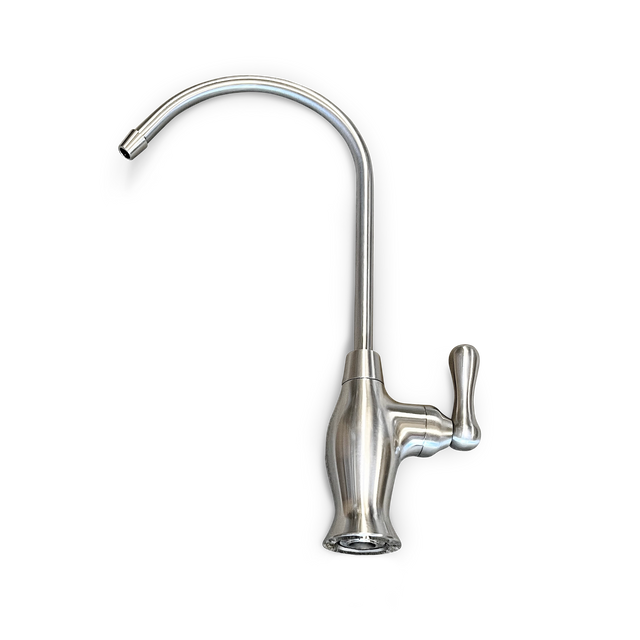 The Premiere Sales Alkaline Reverse Osmosis Water – HydroGuard HDGT-45 + Alkaline Filter System features a high-quality stainless steel kitchen faucet with a long, curved spout, a single handle for easy control, and built-in water filtration to ensure optimal pH levels.