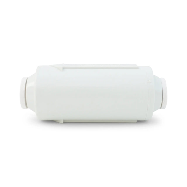 A cylindrical white Reverse Osmosis Flow Restrictor from Premiere Sales, featuring 1/4" quick connect fittings on both ends, laid horizontally on a plain white background, ideal for RO systems with 25 GPD or 50 GPD membranes.