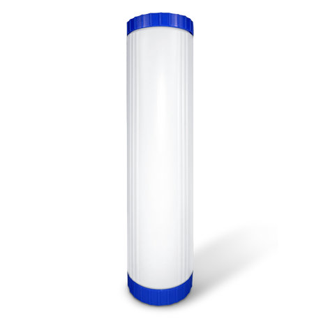 20" x 4.5" GAC water filter cartridge with scale inhibitor technology - white cylindrical housing with blue cap for Big Blue compatible housings, removes chlorine and prevents hard water scale buildup