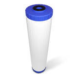 Top view of 20" x 4.5" GAC filter cartridge with scale inhibitor - white cylindrical design with blue cap, compatible with Big Blue housings for chlorine removal and hard water scale prevention