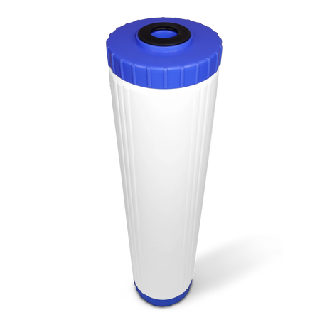 Top view of 20" x 4.5" GAC filter cartridge with scale inhibitor - white cylindrical design with blue cap, compatible with Big Blue housings for chlorine removal and hard water scale prevention
