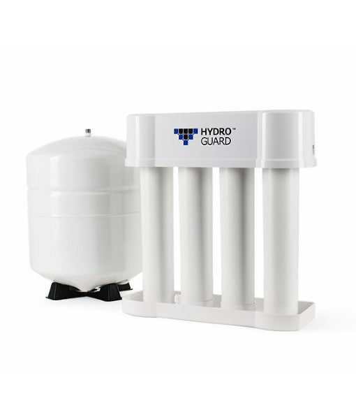 The "Alkaline Reverse Osmosis Water – HydroGuard HDGT-45 + Alkaline Filter System" by Premiere Sales, featuring a white water filtration system with a cylindrical storage tank and a four-cylinder filter unit, ensures optimal pH levels, making it ideal for maintaining high antioxidant levels.