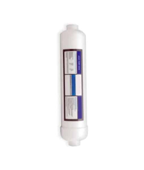 The Inline Alkaline Water Filter by Premiere Sales features a white cylindrical body with black, purple, and blue labeling. Specifically designed for use in RO systems, it has connection points on each end to help maintain essential minerals while improving pH levels.