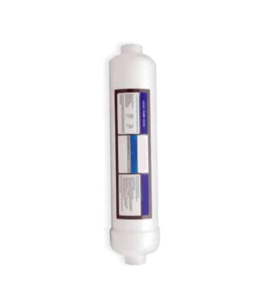 The Inline Alkaline Water Filter by Premiere Sales features a white cylindrical body with black, purple, and blue labeling. Specifically designed for use in RO systems, it has connection points on each end to help maintain essential minerals while improving pH levels.