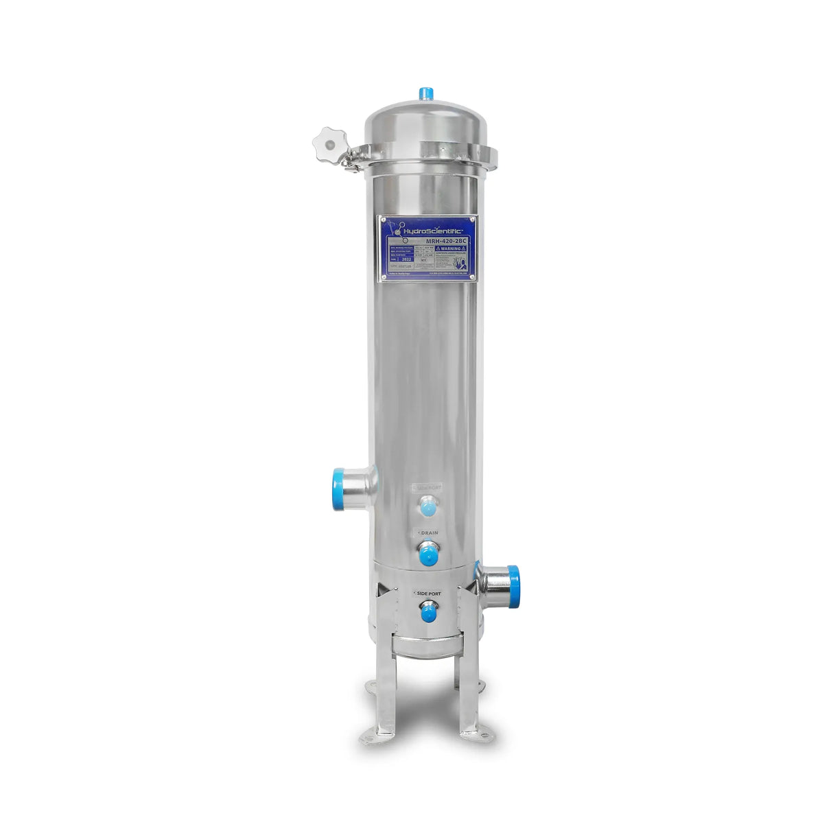 The HydroScientific Multi-Cartridge Stainless Steel Filter Housing Only with Legs by Premiere Sales, designed to hold four 20" cartridges, features a cylindrical form and multiple blue valves, standing upright against a white background.