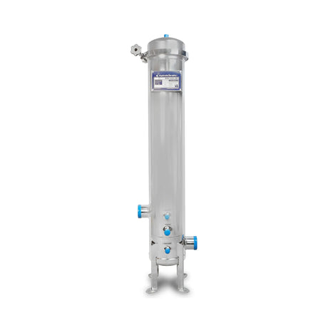 The HydroScientific Multi-Cartridge Stainless Steel Filter Housing Only with Legs, by Premiere Sales, is a filtration system with blue accents that features an access hatch on top and multiple connection points at the bottom. Designed to hold four 30" cartridges, this housing ensures an optimal flow rate for various applications.