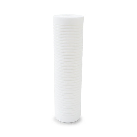 A Premiere Sales 10" x 2.5" 1 Micron Grooved Sediment Water Filter, featuring a deep-grooved design with evenly spaced horizontal ridges, stands vertically against a plain white background.
