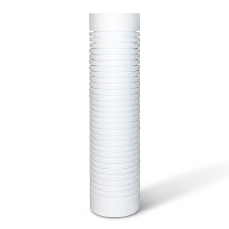 A Premiere Sales 10" x 2.5" 5 Micron Sediment Filter, featuring a ribbed texture, stands upright against a white background. This white cylindrical replacement filter cartridge is designed for 10" housings to enhance water clarity by removing particles and addressing turbidity.