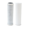 Two filters from the Replacement Cartridge Set for Two Stage Filtration System (10" x 2.5" Filters) by Premiere Sales stand side by side, one featuring a white mesh exterior and the other showcasing a solid white ribbed design with high chemical adsorption capabilities using coconut shell carbon.
