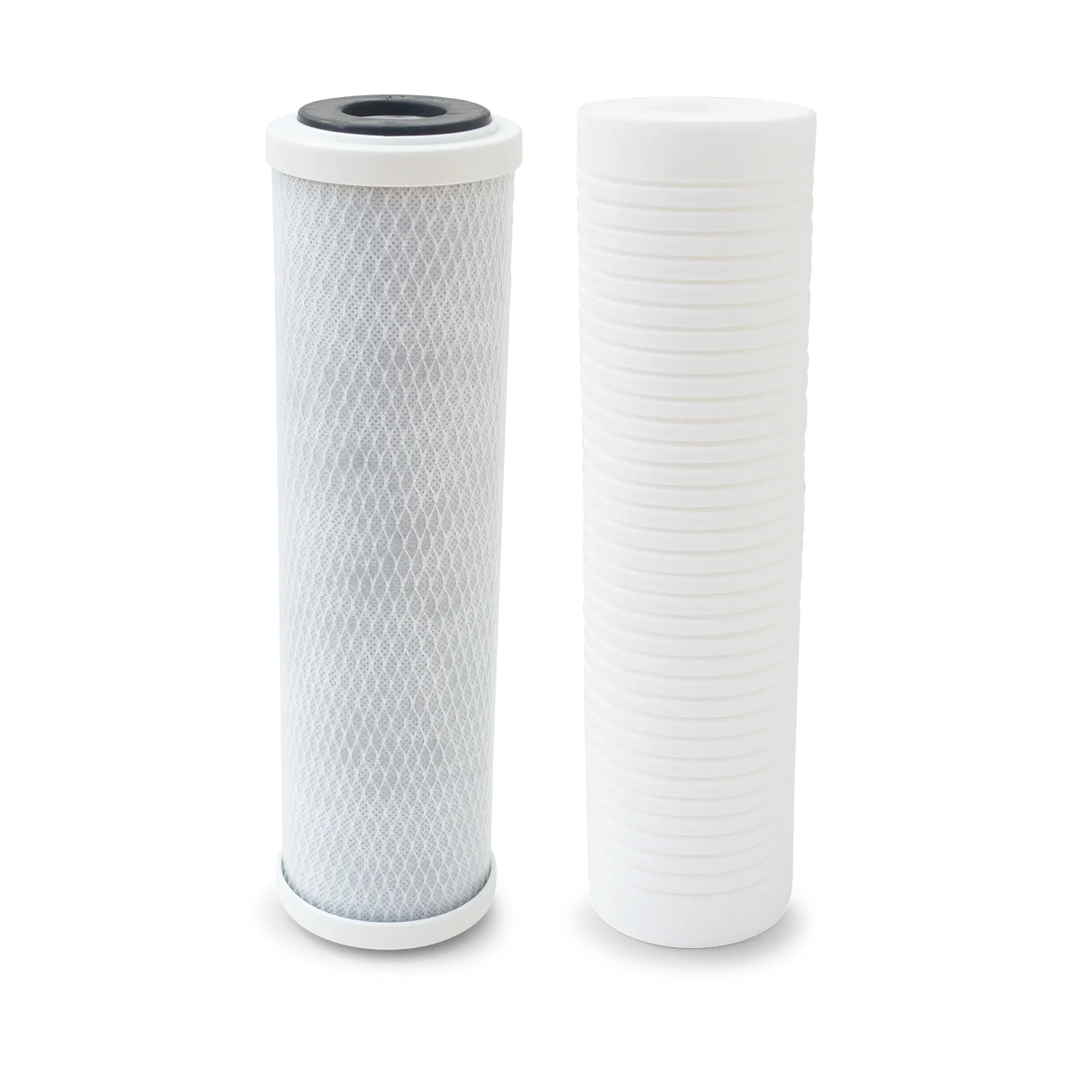 Two filters from the Replacement Cartridge Set for Two Stage Filtration System (10" x 2.5" Filters) by Premiere Sales stand side by side, one featuring a white mesh exterior and the other showcasing a solid white ribbed design with high chemical adsorption capabilities using coconut shell carbon.
