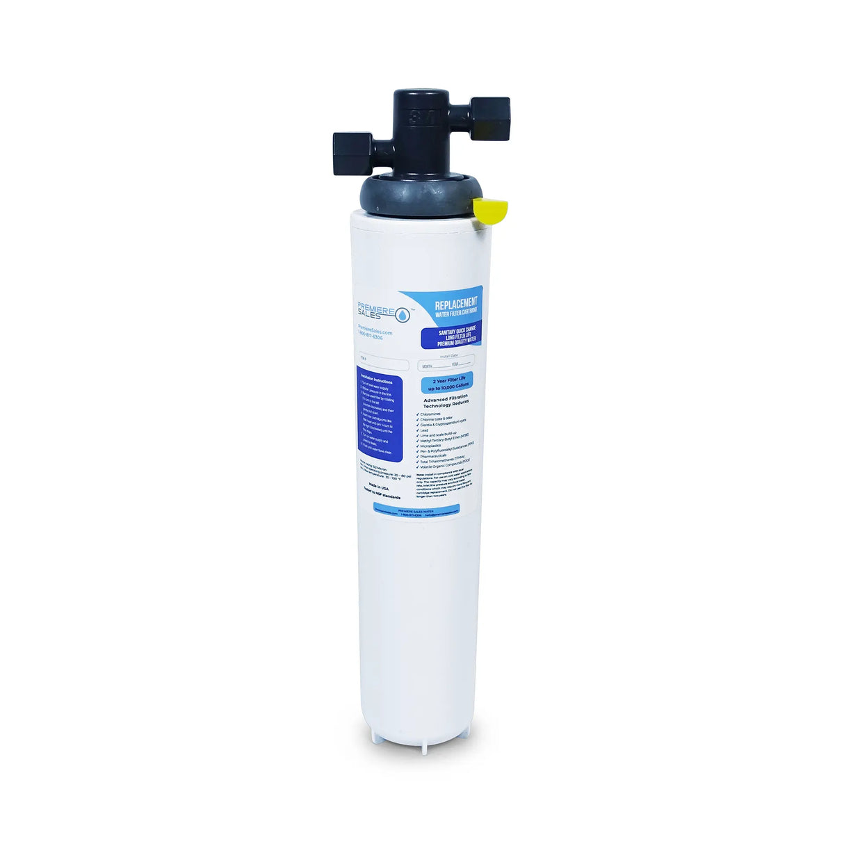 The High Flow 0.2 Micron Under Sink Water Filtration System by Premiere Sales is a cylindrical water filter cartridge with an attached inlet and outlet valve on top, featuring a blue label with instructions and product information, designed for pharmaceutical-grade filtration.