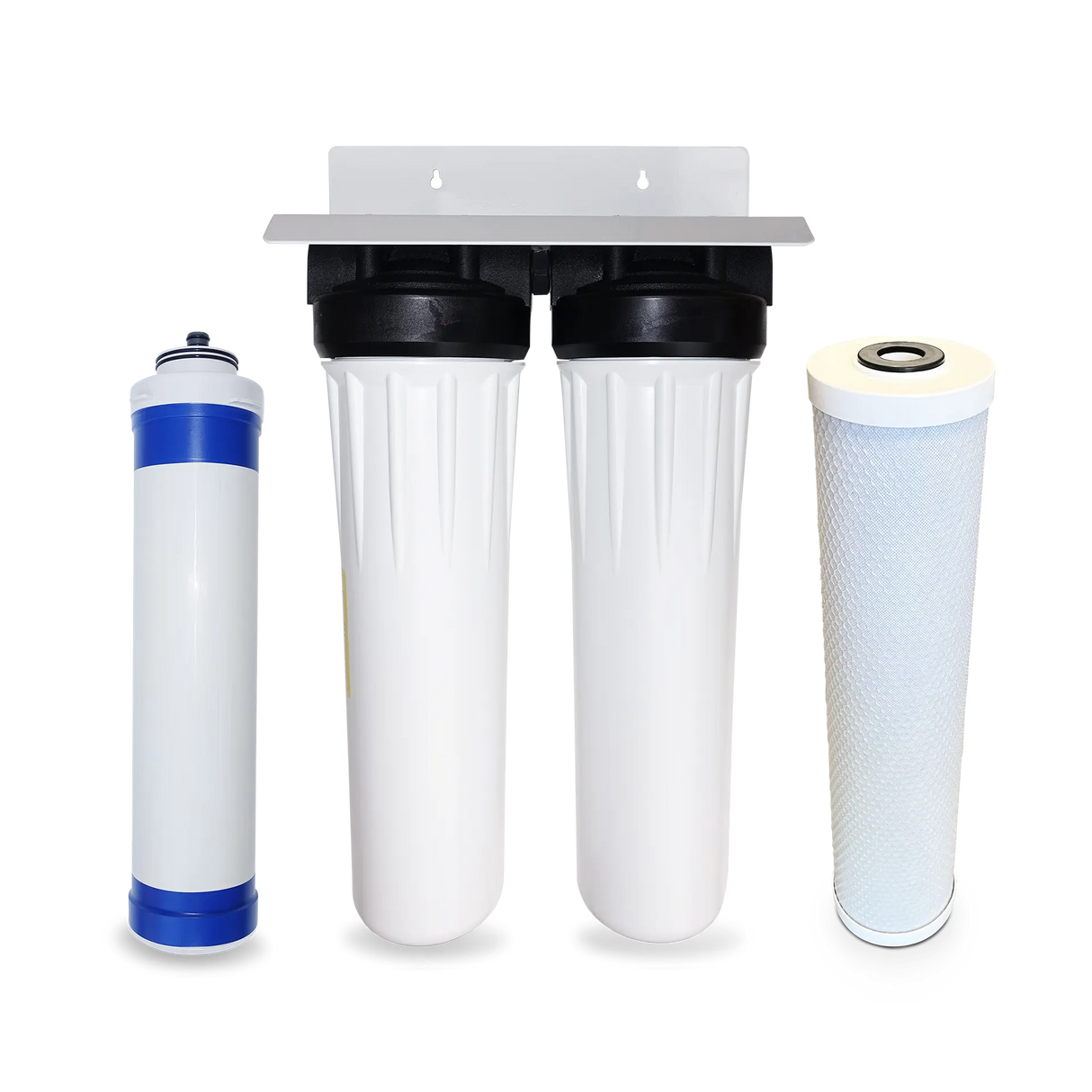 The Ultrafiltration Whole House System with Anti-Scale Carbon Filter by Premiere Sales, designed for advanced filtration to remove bacteria, sediment, and chlorine, is shown with two cylindrical filters and a dual housing unit against a plain background.