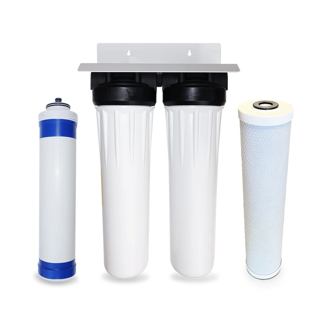 Image of four types of water filter cartridges, including two large white cartridges in a dual housing, a blue-and-white cartridge, and a tall white cylindrical cartridge. The Premiere Sales Business Use / Foodservice Ultrafiltration System offers this versatile water treatment solution with catalytic carbon block and ultrafiltration filters for optimal purity, making it a superb alternative to reverse osmosis for removing lead, bacteria, sediment, chemicals, and heavy metals.