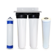 Displayed are four filter components highlighting high flow rate capabilities. Featured are two tall white Premiere Sales filter housings, a blue and white cylindrical ultrafiltration membrane from the Ultrafiltration Whole House System with Catalytic Carbon Filter, and a single white cylindrical filter on the right.