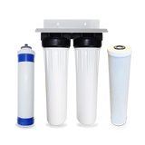 Displayed are four filter components highlighting high flow rate capabilities. Featured are two tall white Premiere Sales filter housings, a blue and white cylindrical ultrafiltration membrane from the Ultrafiltration Whole House System with Catalytic Carbon Filter, and a single white cylindrical filter on the right.